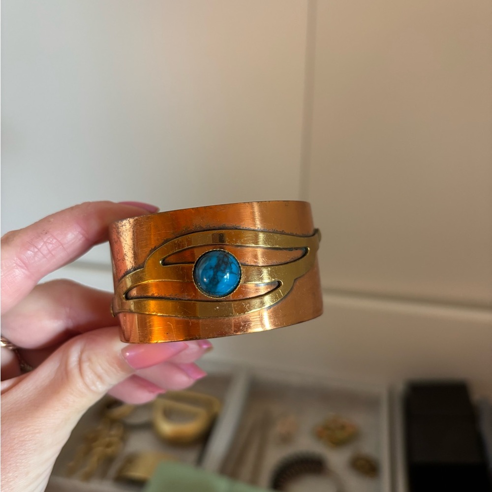 Copper Cuff Bracelet with Blue Stone
